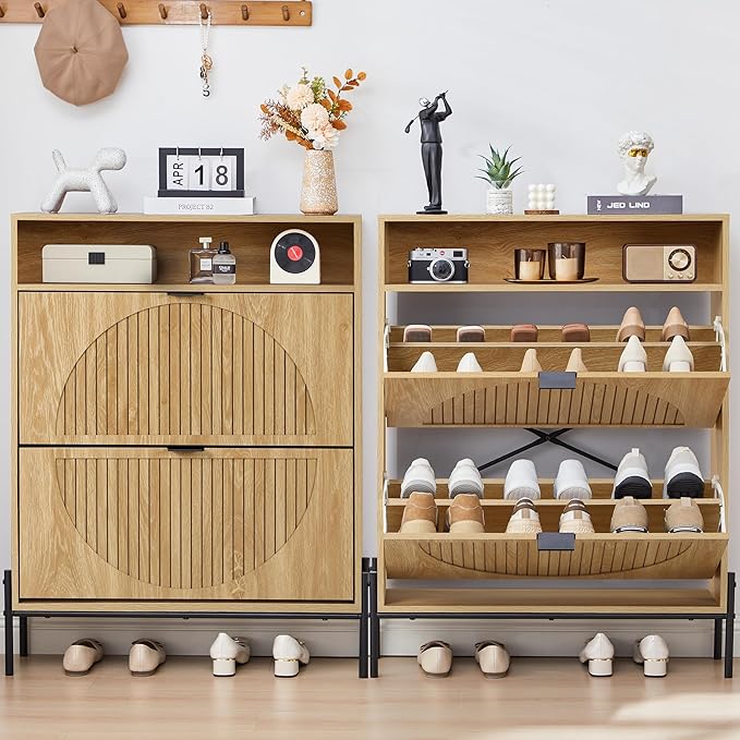 FurSch Fluted Shoe Cabinet with 2 Flip Drawers, Narrow Shoes Storage Organizer Rack with Circle Design Panel for Entryway Hallway (Natural)