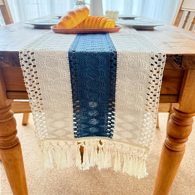 Blue Boho Table Runner for Home Decor with Tassels 72 Inches Farmhouse Rustic Table Runner Macrame Burlap Table Decoration for Living Room Bridal Shower(12x90 Inches, Fringe Included)
