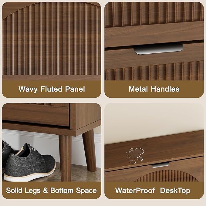 Shoe Storage Cabinet with 2 Flip Drawers, Narrow Wood Shoe Organizer Cabinet with Fluted Panel, Slim Shoe Rack for Entryway, Freestanding Shoe Cabinet for Living Room, Hallway, Walnut