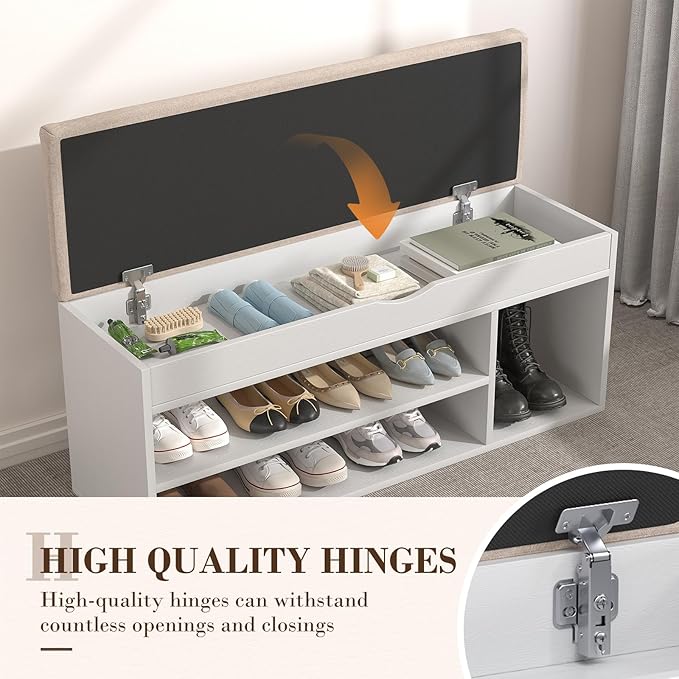 Apicizon 39 Inches Storage Bench with Padded Cushion, Shoe Bench with Storage Space, Upholstered Entryway Bench for Living Room, 2-Tier Shoe Rack Organizer, White