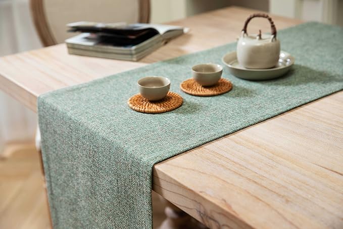 ZeeMart Burlap Style Farmhouse Table Runners 48 Inches Long, Green Rustic Woven Dining Table Runner for Everyday Use, 14x48 Inches, Mineral Green