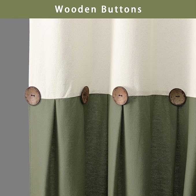Farmhouse Shower Curtain Linen Button Woven Fabric Country Rustic Western, Cream & Green 72" W x 78" L
