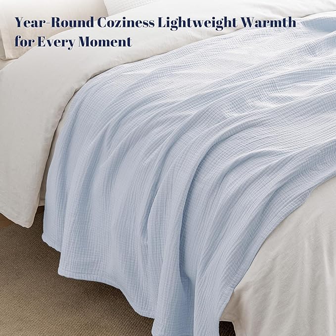 PHF 100% Cotton Muslin Blanket Queen Size 90"x90", 4-Layer Lightweight Gauze Throw, Breathable Cloud-Soft Minimalist Blanket for Bed, Couch, Camping, Ancient Water, Ideal Gift