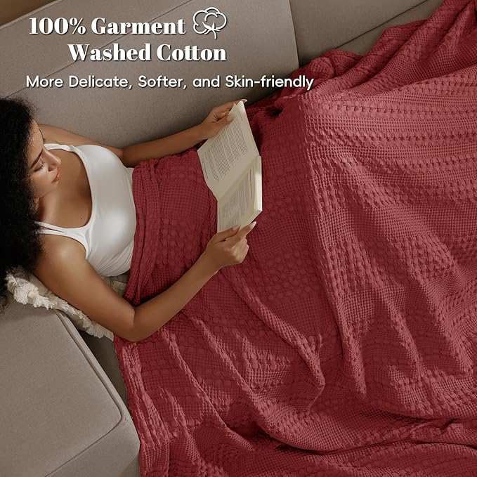 PHF 100% Cotton Waffle Weave Blanket Twin Size for Bed, Soft Lightweight & Breathable for Spring and Summer, All-Season Comfort, Luxury Aesthetic Blanket for Home Decor, 66"x90", Wine Red