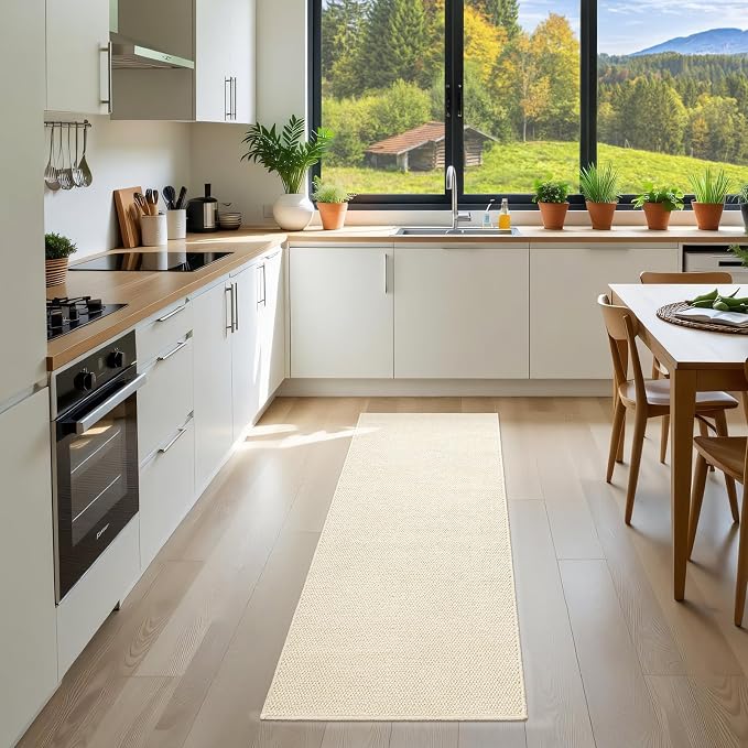 Softlife Hallway Runner - 2x6 ft Cream Beige Faux Jute Entryway Rug, Modern Farmhouse Laundry Room & Kitchen Rug, Washable Long Carpet for Bathroom