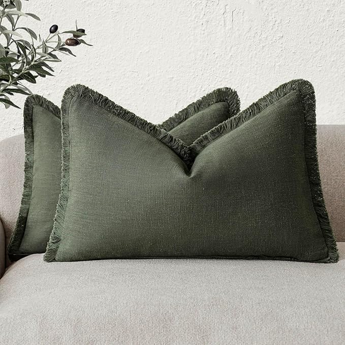 Foindtower Set of 2 Decorative Linen Fringe Lumbar Throw Pillow Covers Boho Farmhouse Cushion Cover with Tassels Accent Pillowcase for Couch Sofa Bed Living Room Home Decor,12×20 Inch,Dark Olive Green