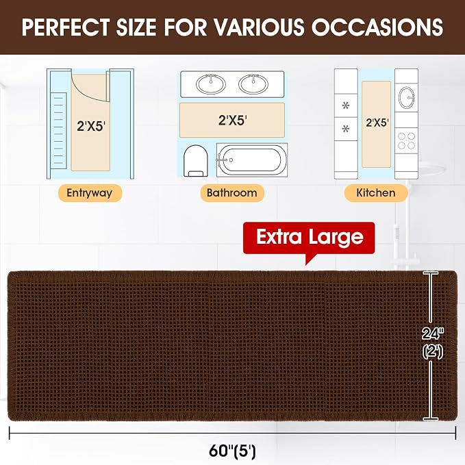 Accumtek Extra Large Waffle Bath Mat, 5'x2' Brown, Super Absorbent Non-Slip Quick Dry Bathroom Rugs with Tassels, Machine Washable Ultra Soft Boho Bath Rugs for Floor, Toilet Mats Boho Farmhouse Decor