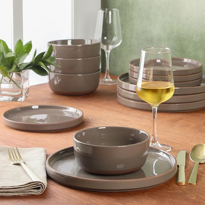 Gibson Elite Northrock Stoneware Dinnerware Set, 12-Piece Service for 4 Plates and Bowls Set – Gray Dishes with Hand-Painted Terracotta Base
