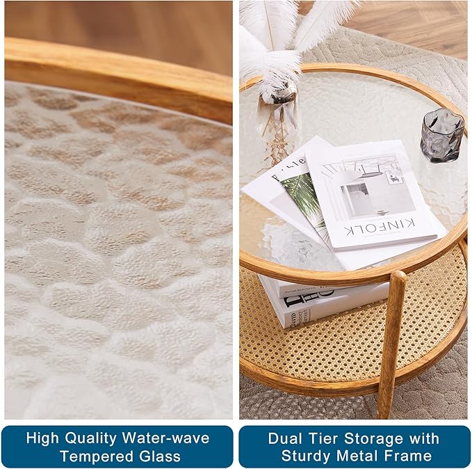 VINGLI 25.6" Rattan Coffee Table, Round Water-Wave Glass Metal Center Table, Modern Coffee Table with 2-Tier Storage, Farmhouse Circular Coffee Tables for Living Room and Small Space, Natural Vibe