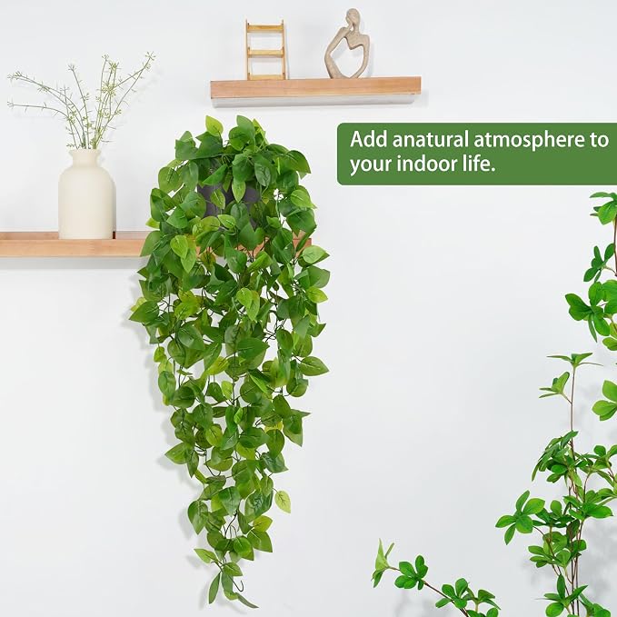 Waipfaru Fake Hanging Plants, 2pcs Artificial Potted Plant, Faux Ivy Pothos Vines Greenery for Wall Home Bedroom Living Room Aesthetic Kitchen Office Aesthetic Kitchen Indoor Outdoor Decor