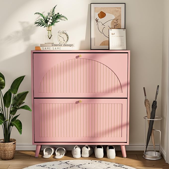 Fsbecl Shoe Storage Cabinet for Entryway with 2 Flip Drawers, Narrow Wood Shoe Cabinet with Fluted Panel, Freestanding Hidden Shoe Organizer for Foyer, Hallway (Pink - with Shelf)