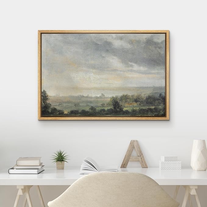 MUDECOR Framed Canvas Print Wall Art Misty Horizon Landscape Moody Sky & Serene Countryside Illustrations Digital Art Decorative Bohemian Contemporary for Bedroom - 24"x36" Natural