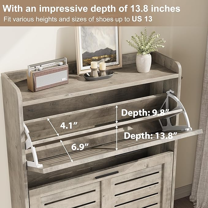 IDEALHOSUE Shoe Cabinet Storage for Entryway, Slim Shoe Storage Cabinet with 3 Flip Drawers, Freestanding Hidden Narrow Shoe Organizer Cabinet with Hooks for Entrance, Foyer, Hallway, Gray