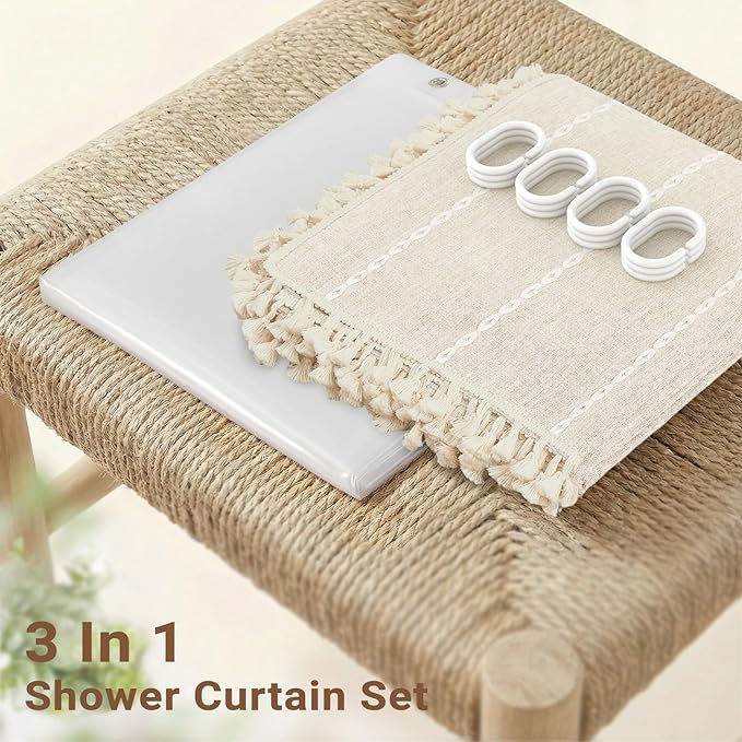 BTTN 3 in 1 Shower Curtain with Liner, 84 Extra Long Boho Linen Striped Cloth Shower Curtain Set with Hook, Tall Farmhouse Bohemian Waterproof Fabric Shower Curtain for Bathroom, Cream/Beige, 72x84