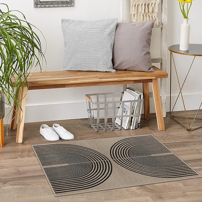 Rugalia Easy Jute Rainbow Entryway Rug, 2x3 Washable Non-Slip Indoor Outdoor Doormat, Black Nature Boho Farmhouse Small Kitchen Rug Modern Abstract Throw Rugs for Entrance Bedroom Bathroom