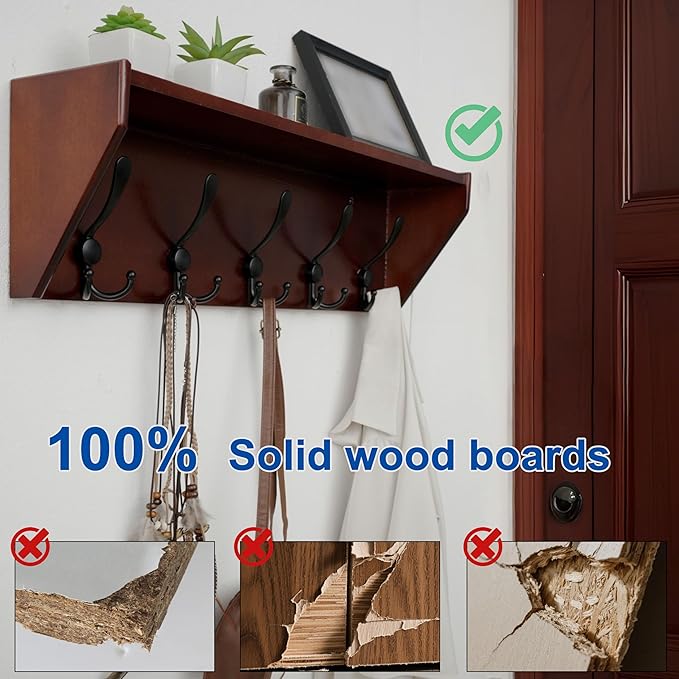 WEBI Coat Rack Wall Mount with Shelf,24" Long Wall Shelf with Hooks Underneath,5 Triple Hooks for Entryway,Hallway,Bedroom,Cherry