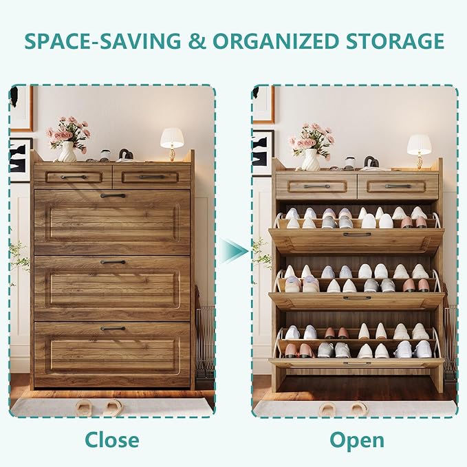 Shoe Cabinet with 3 Large Flip Drawers and 2 Storage Drawers, Narrow Shoe Organizer Cabinet Fits for Kinds of Shoes, Slim Shoe Storage Cabinet for Entryway, Hallway, Walnut
