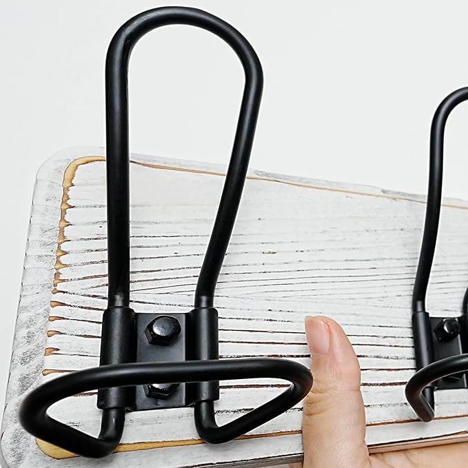 Dseap Coat Rack Wall Mounted - Heavy Duty Farmhouse Rustic Wall Coat Hanger with 5 Wire Hooks for Clothes Hat Jacket Towel, RusticWire, G25A, Whitewash & Black, Pack of 2