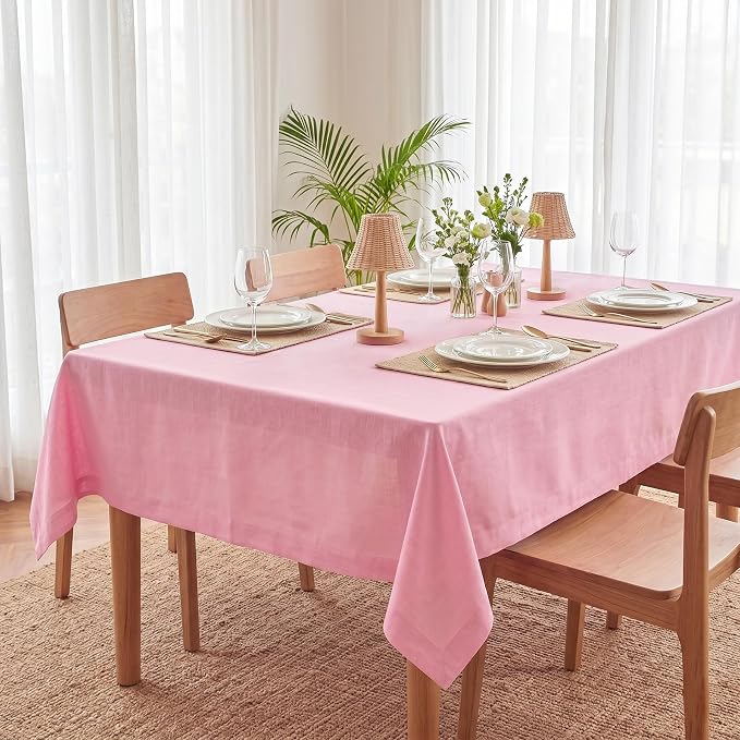 Solino Home Linen Tablecloth 60 x 108 Inch - 100% Pure Linen Pink Lemonade Table Cloth for Rectangle Tables - Fete, Machine Washable Tablecloth for Summer