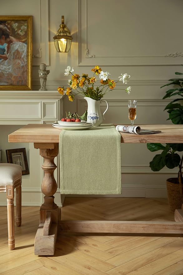 ZeeMart Burlap Style Farmhouse Table Runners 48 Inches Long, Sage Green Rustic Woven Dining Table Runner for Everyday Use, 14x48 Inches, Light Sage Green