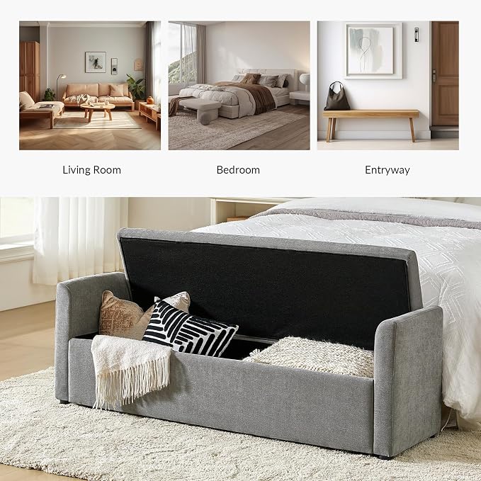HULALA HOME 59" Storage Bench with 2 Throw Pillows, Modern Long Bedroom Bench for End of Bed, Comfy Upholstered Footstool for Entryway Living Room, Grey