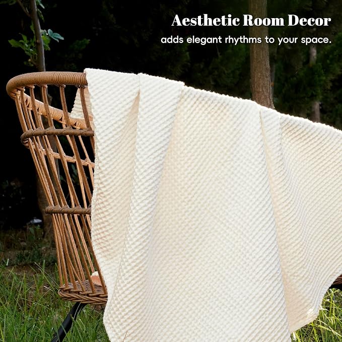 PHF Pre-Washed 100% Cotton Waffle Weave Blanket Twin Size for Bed,Snag Proof Throw Blanket for Couch Spring Summer Lightweight Breathable,Machine Washable, Home Decor Gift - Cream