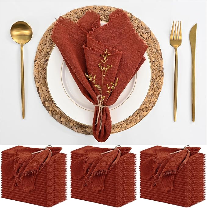 60 Pack Terracotta Napkins Cotton Linen Napkin 16 x 16 Inch Terracotta Napkins Cloth Handmade with Fringe Soft Washable Rustic Dinner Napkin Cloth for Wedding Party Dinner Table