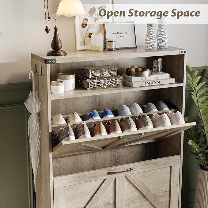 Halitaa Shoe Cabinet with 2 Flip Drawers & Open Storage,Farmhouse Shoe Storage Cabinet for Entryway,Freestanding Narrow Organizer Rack with Legs,Foyer,Hallway,Grey