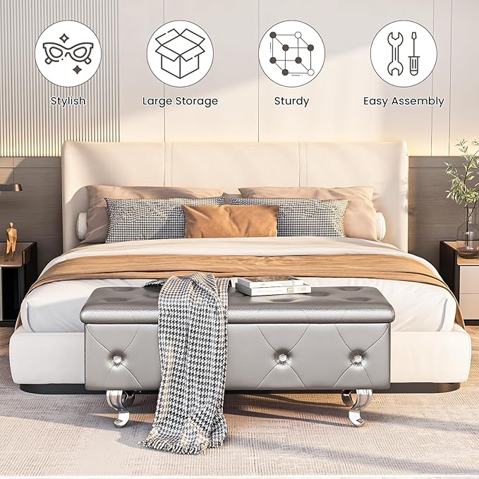 DKLGG Storage Ottoman Bench for Bedroom, Upholstered Entryway Bench with Legs & Safety Hinge, Small Storage Bench for Living Room/End of Bed/Entryway/Window, Silver