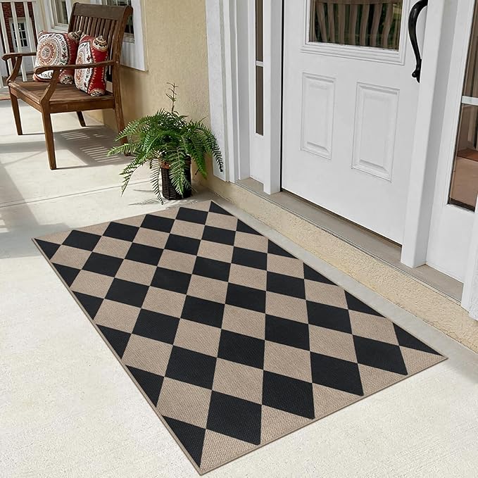 Rugalia Easy Jute Checkered Entryway Rug, 2.6x4 Black Modern Indoor Outdoor Doormat, Washable Non-Slip Neutral Kitchen Rug Farmhouse Diamond Throw Rugs for Entrance Bedroom Bathroom