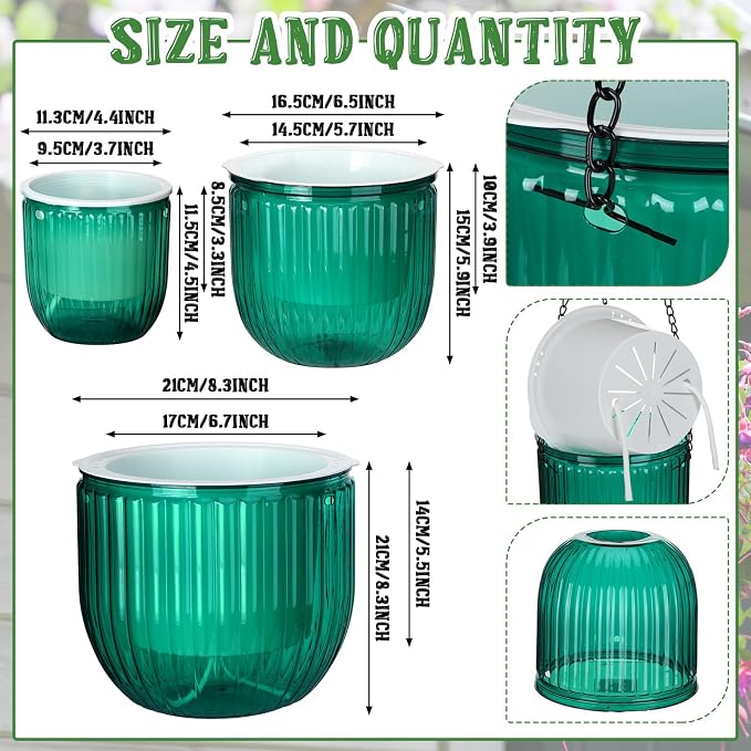 Maxcheck 3 Pcs Self Watering Hanging Planters Indoor Gift 6.9'' 6.5'' 4.5'' Hanging Flower Pots Baskets Outdoor Emerald Self Watering Plant with 3 Hooks Drainage Holes for Home