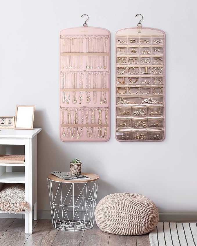 BAGSMART Hanging Jewelry Organizer, Necklace Holder Anti-tangle Earrings Rings Hanger with 20 Jewelry Bags Travel Storage Roll with Pockets Hang on Closet, Wall, Door,1 Piece, Large Pink