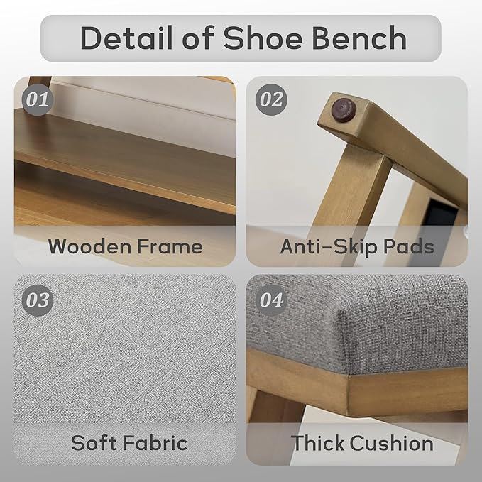 Zihanhome 45" Entryway Bench Upholstered Storage Bench for Bedroom Shoe Rack Bench for Living Room, Hallway, Mudroom, Balcony, Sturdy Indoor Bench Seat Holds Up to 300 lbs (Grey)