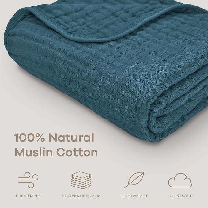 Comfy Cubs Muslin Baby Blanket - Soft, Lightweight, 6-Layer Cotton Swaddle Blankets for Newborns, Infants & Toddlers - 40" x 40" Large, Breathable & Versatile for Sleeping & Tummy Time - Neptune