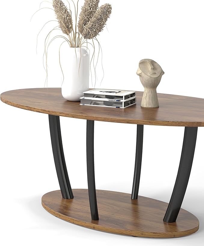 Manora Rustic Small Oval Coffee Table for Living Room, Narrow Wood Center Table with Shelf, Retro Style Coffee Table with Curved Metal Legs, Stable and Easy Assembly, Rusric Brown