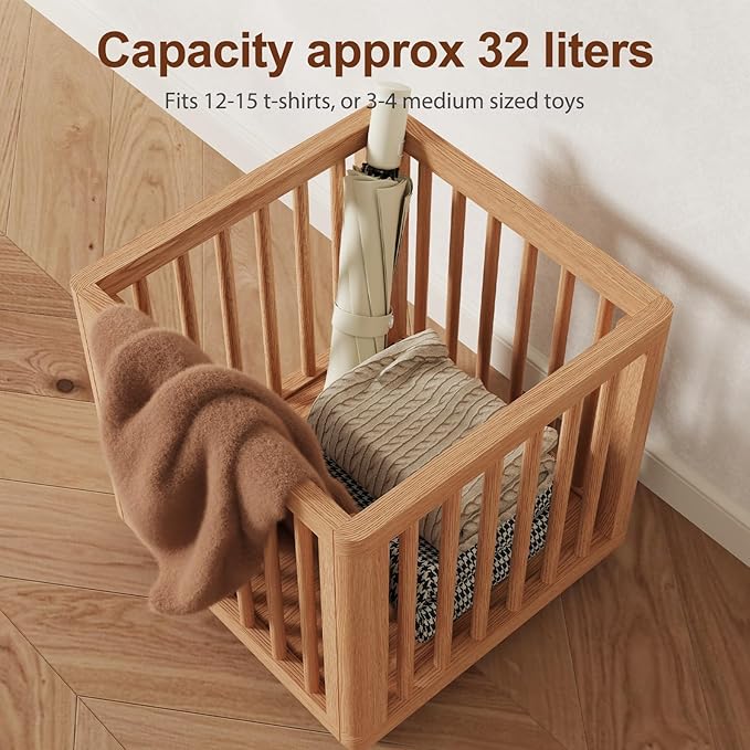 Solid Wood Cactus Coat Rack, Freestanding Coat Rack with 6 L-Shaped Hooks and Storage Basket, for Coats, Hats, Handbags, Coat Tree for Entryway, Bedroom, Living Room, Natural