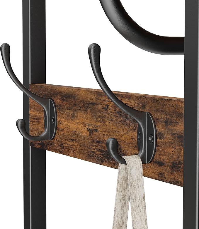 Coat Rack With Hanging Rod, Garment Rack With 3 Wooden Shelves and 4 Hooks, Freestanding Hall Tree, Industrial Clothes Rack Stand Organizer, Rustic Brown and Black
