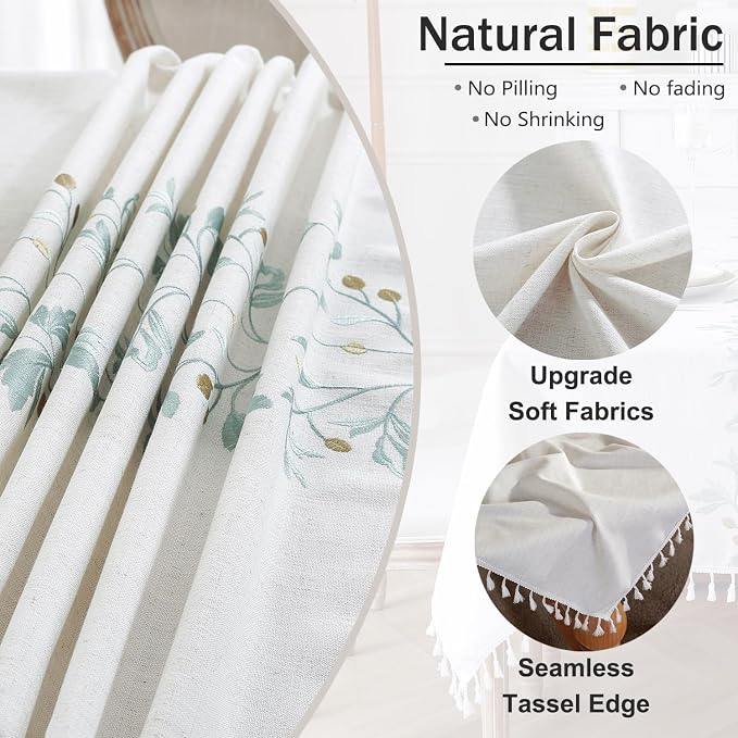 JIALE Heavy Duty Table Cloth Cotton Linen Waterproof Tablecloths Farmhouse Tablecloth, Soft and Wrinkle Free Table Cover with Tassels, Square, Green Flowers, 55''x55''