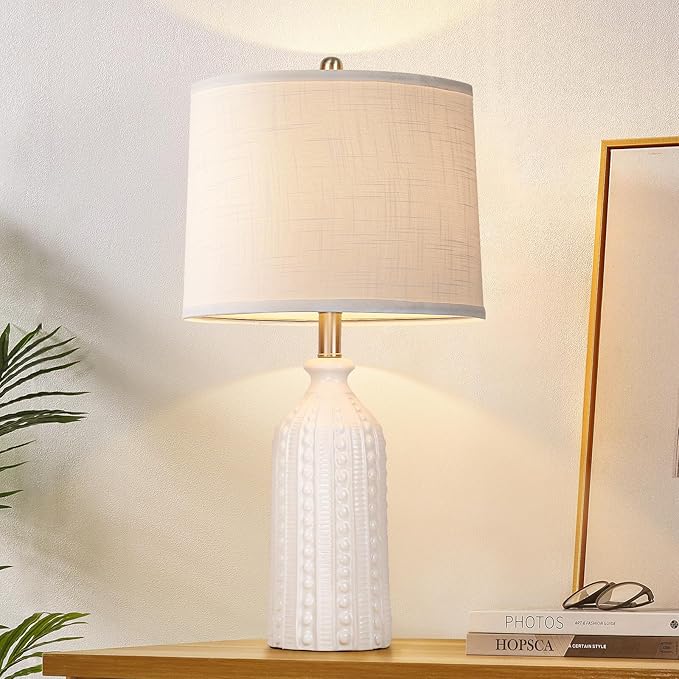 JUNNAI White Ceramic Table Lamp 24.5": 3-Way Dimmable Bedside Lamp with White Drum Slub Shade, Modern Nightstand Lamp for Bedroom & Living Room (Bulb Included)