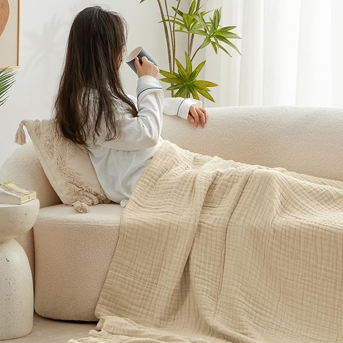Love's cabin 100% Cotton Muslin Blanket, 6 Layer Lightweight Breathable Gauze Twin Size Blanket 60 x 80 Inches, Soft Summer Blanket for Bed or Couch, Khaki