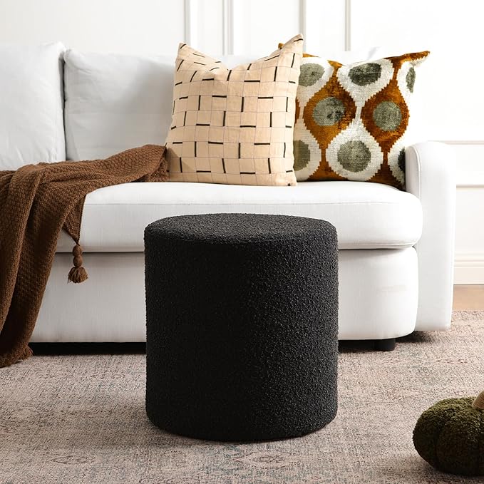 KINWELL Modern Round Boucle Upholstered Ottoman with Soft Padded Seat, Multi-Functional Sofa Footrest, Side Table, Extra Seating for Living Room, Bedroom, Entryway (Black, 18" D x 18" W x 18.3" H)