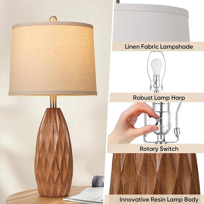 Wood Grain Color Resin Table Lamp, Modern Table Lamp for Living Room, Bedside Lamp Set of 2, Bedroom Lamp for Nightstand with Linen Shade, Diamond-Shaped Lamp Body,Desk Lamp for House (Bulbs Included)
