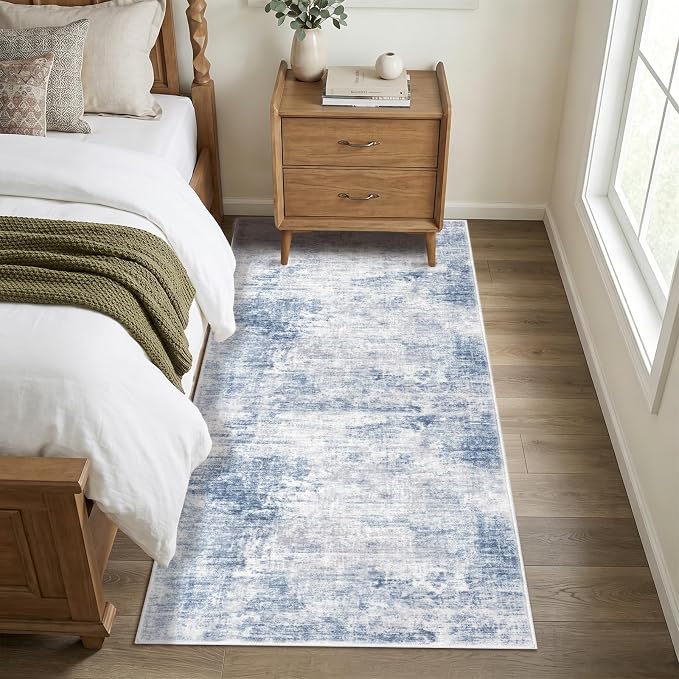 IOHOUZE Abstract Runner Rug 3x7 Ft Washable Runners for Hallways, Non Slip Kitchen Runner Printed Faux Wool Entryway Runners Indoor, Floor Carpet for Hall Kitchen Bedroom, Light Blue Grey