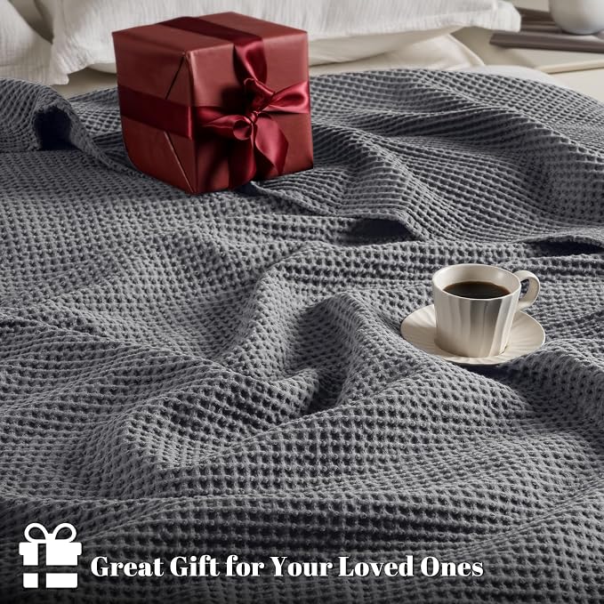 PHF Pre-Washed 100% Cotton Waffle Weave Blanket Queen Size for Bed,Snag Proof Throw Blanket for Couch Spring Summer Lightweight Breathable,Machine Washable, Home Decor Gift - Charcoal