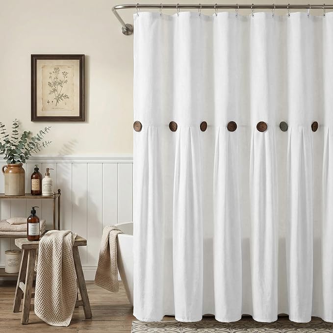 Farmhouse Shower Curtain Linen Button Woven Fabric Country Rustic Western, White 72" W x 72" L