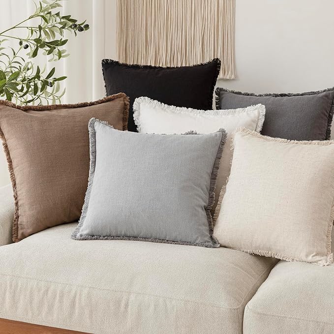 Foindtower Set of 2 Decorative Linen Fringe Lumbar Throw Pillow Covers Farmhouse Cushion Cover with Tassels Accent Pillowcase for Couch Sofa Bed Living Room Home Decor,12×20 Inch,Light Rustic Gray
