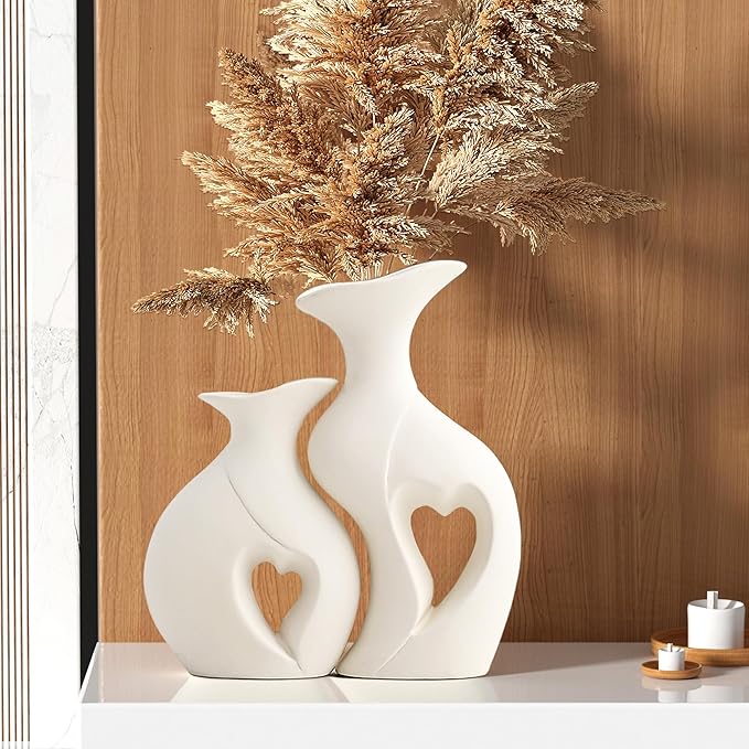 White Ceramic Vase Set of 2 for Home Decor,Minimalist Nordic Boho Vase for Decor,Flower Vases for Wedding,Living Room,Dining Table,Bedroom,Entryway,Office,Coffee Table Decor