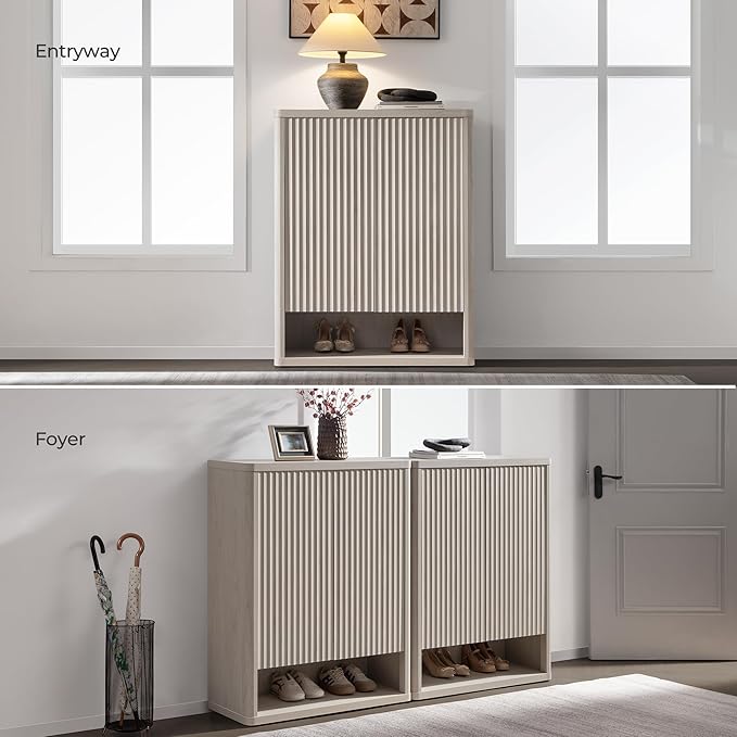 SICOTAS Shoe Cabinet 44 inch Tall Fluted Shoe Cabinet with Doors & 4 Shelves Wooden Large Hidden Shoe Storage Organizer Modern Free Standing 6-Tier Cabinet for Entryway Living Room Closet