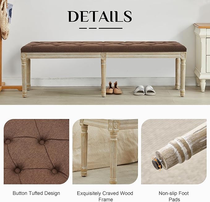 LOULENS 57.7" Linen Fabric End of Bed Bench, French Upholstered Button Tufted Bench for Bedroom End of Bed King Size, Window Seat with Carved Wood Legs for Bedroom, Living Room, Entryway, Brown