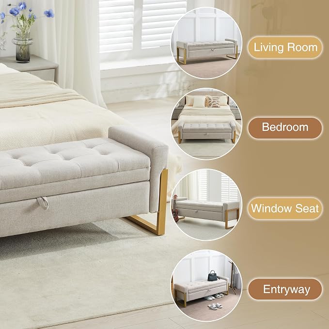 adochr 57" Storage Bench, Linen Upholstered Ottoman with Storage, Large End of Bed Bench with Metal Legs & Button-Tufted,500 lb Capacity, for Living Room, Bedroom, Entryway, Beige